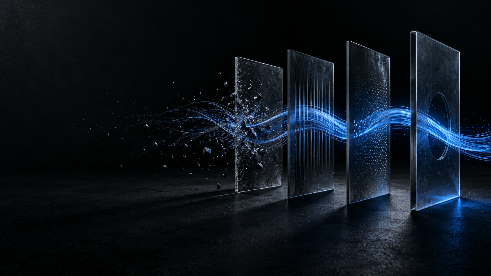 An abstract cobalt signal passing through a series of dark security boundaries.